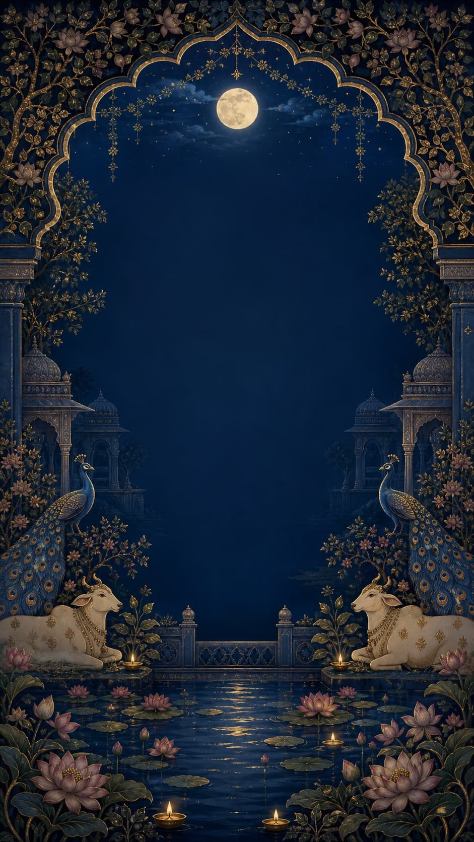 A Pichwai-style digital wedding invitation: a moonlit arch framed by lotus, peacocks and cows.